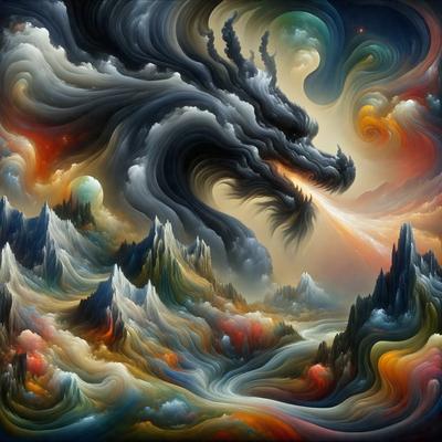 Primary subject: A dragon with a long tail and horns, surrounded by a colorful and chaotic landscape.

Setting/background: The dragon is in the middle of a vibrant, swirling, and abstract scene, with a mix of colors and patterns.

Visual style: The image is a digital art piece, featuring a combination of realistic and abstract elements.

Colors and mood: The colors in the image are predominantly bright and bold, creating a lively and energet